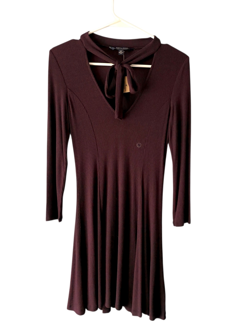 American Eagle Soft & Sexy Ribbed Tie Neck Dress NWT XS Burgundy Long Sleeve